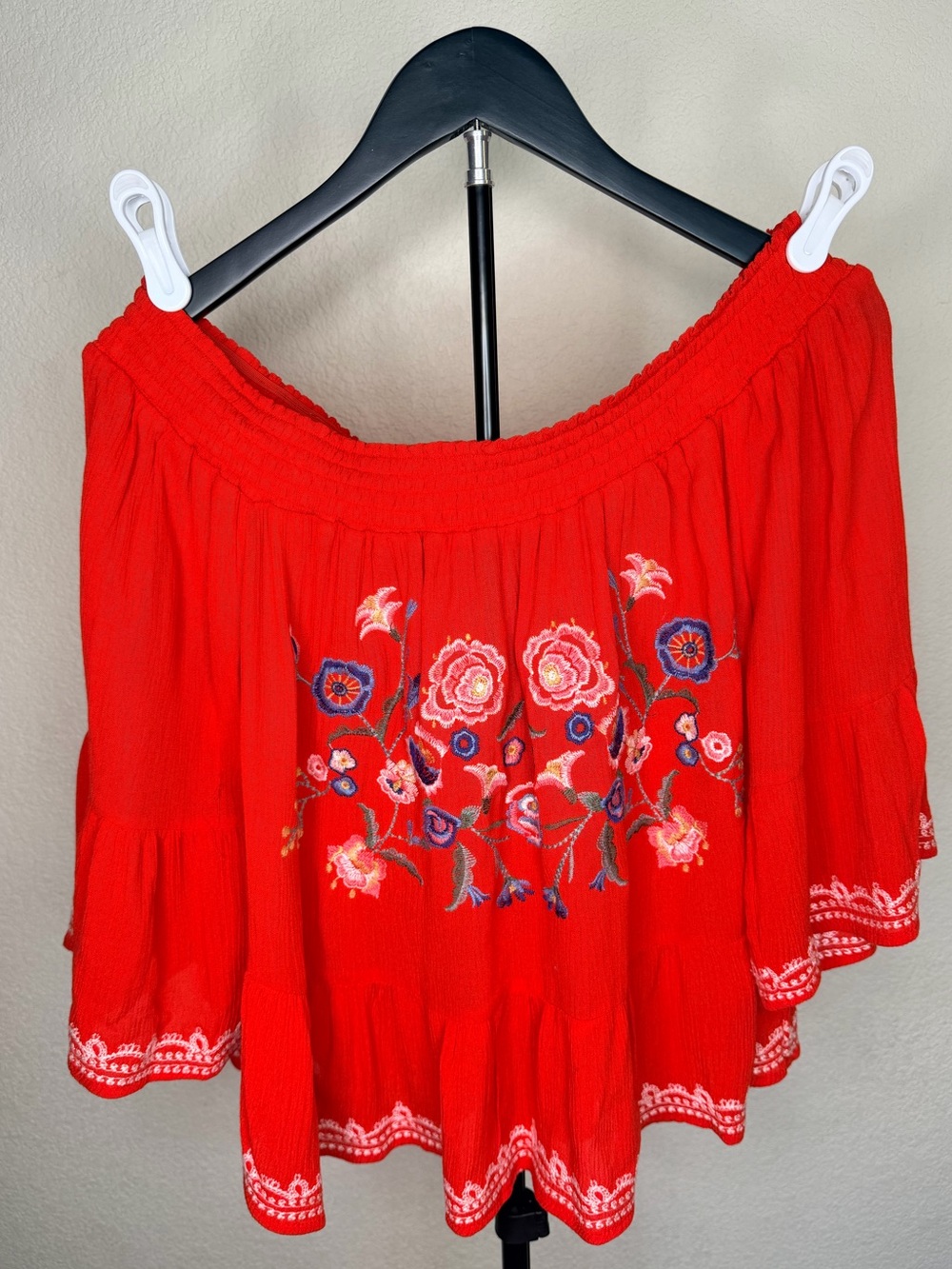Xhilaration Red Off-Shoulder Floral Embroidered Blouse